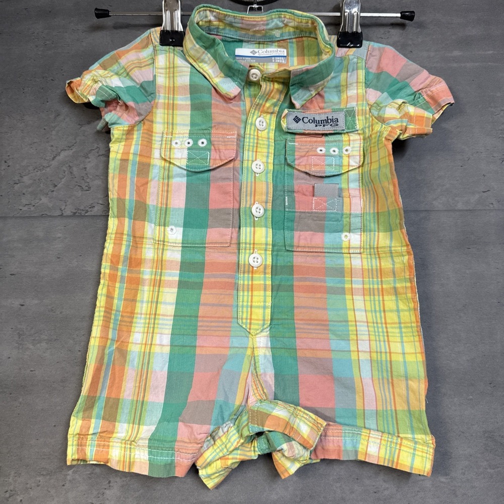 Columbia Infant PFG Bonehead Romper Pastel Plaid Pattern Collar Pockets 0-3m
